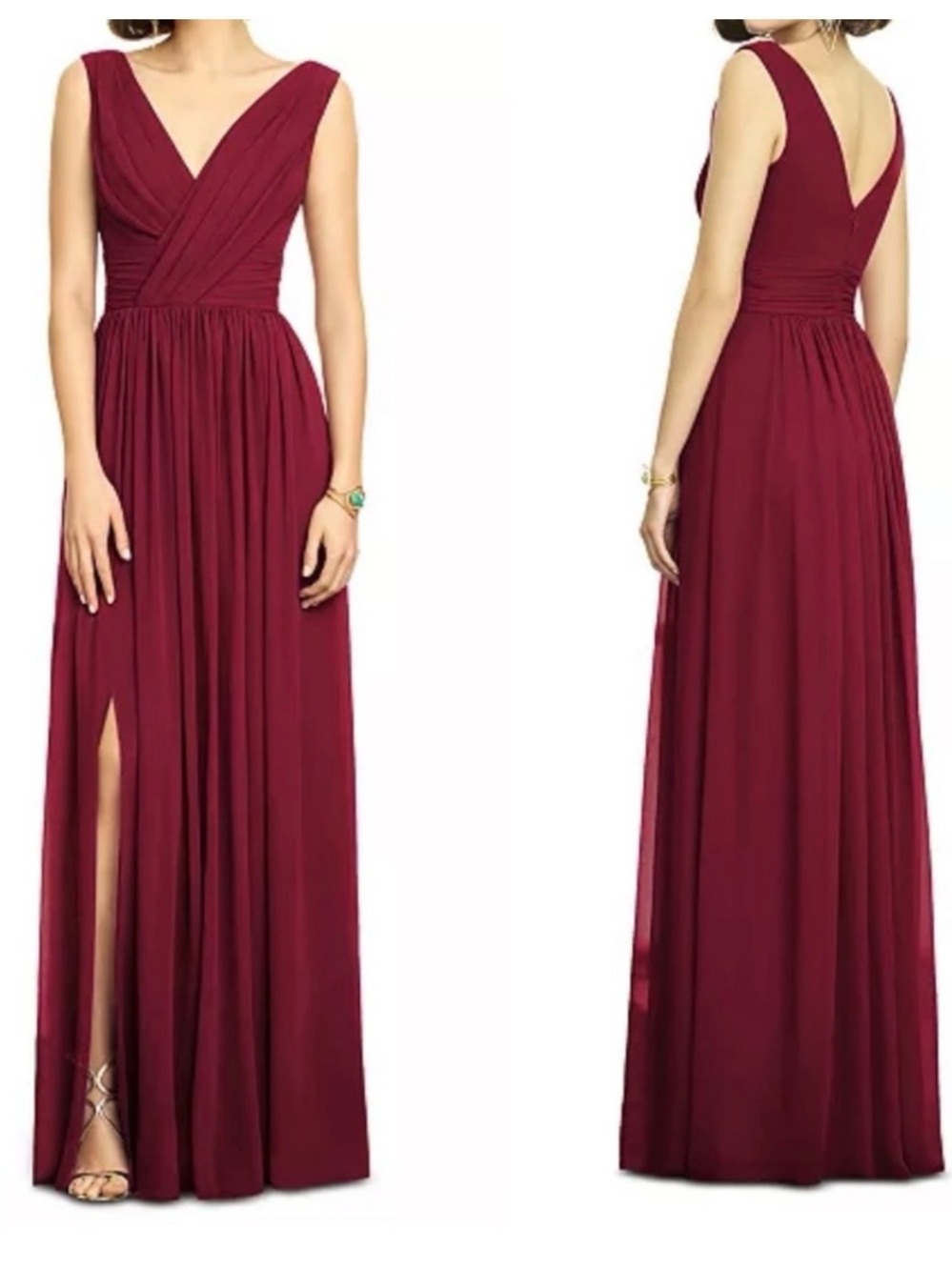 Dessy Collection Shirred Sleeveless Draped Chiffon Maxi Dress Gown: Burgundy